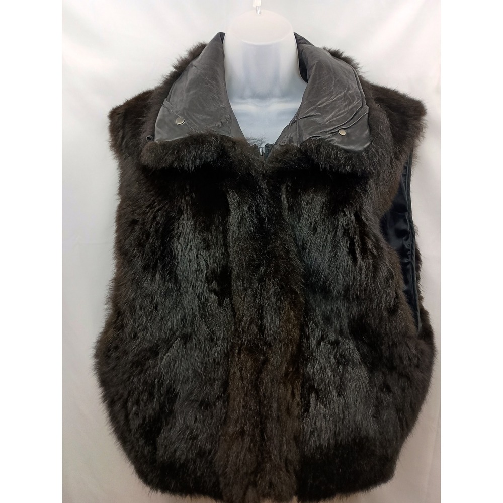 Andrew Marc womens soft Black New Zealand Opossum Fur Leather Trim Vest Medium